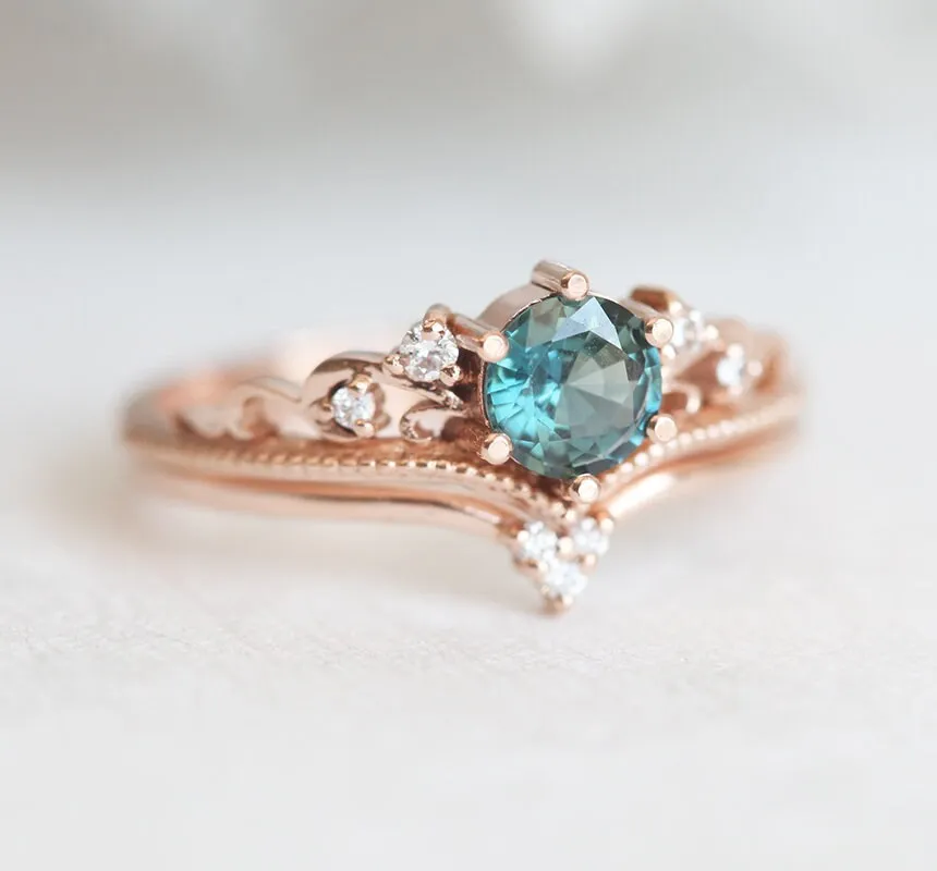 Teal Sapphire Engagement Ring, Round Antique Wedding Diamond Set, Milgrain Vintage Set