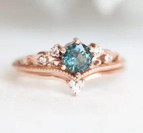 Teal Sapphire Engagement Ring, Round Antique Wedding Diamond Set, Milgrain Vintage Set