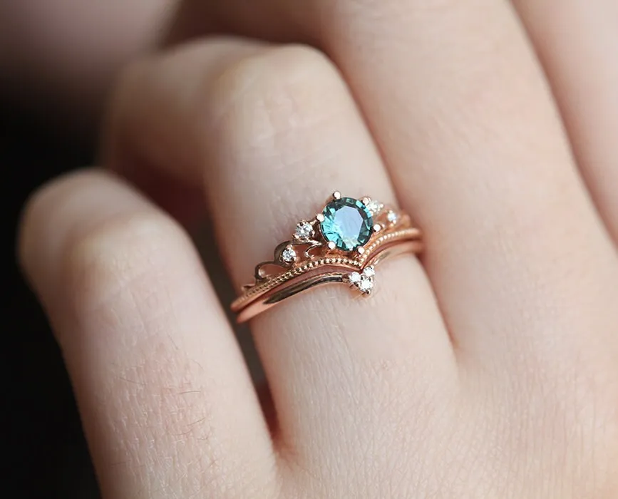 Teal Sapphire Engagement Ring, Round Antique Wedding Diamond Set, Milgrain Vintage Set