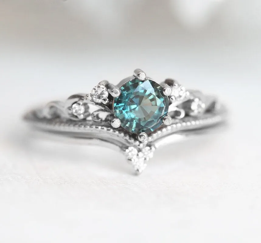 Teal Sapphire Engagement Ring, Round Antique Wedding Diamond Set, Milgrain Vintage Set