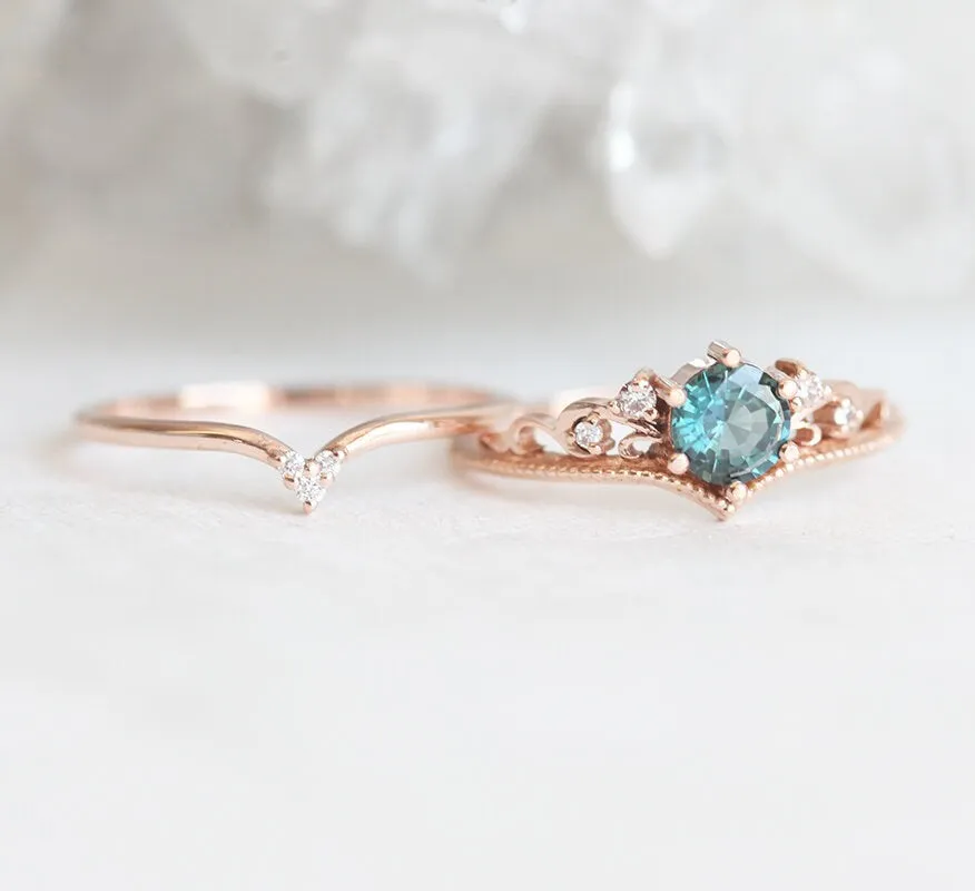 Teal Sapphire Engagement Ring, Round Antique Wedding Diamond Set, Milgrain Vintage Set