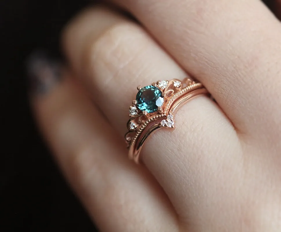 Teal Sapphire Engagement Ring, Round Antique Wedding Diamond Set, Milgrain Vintage Set