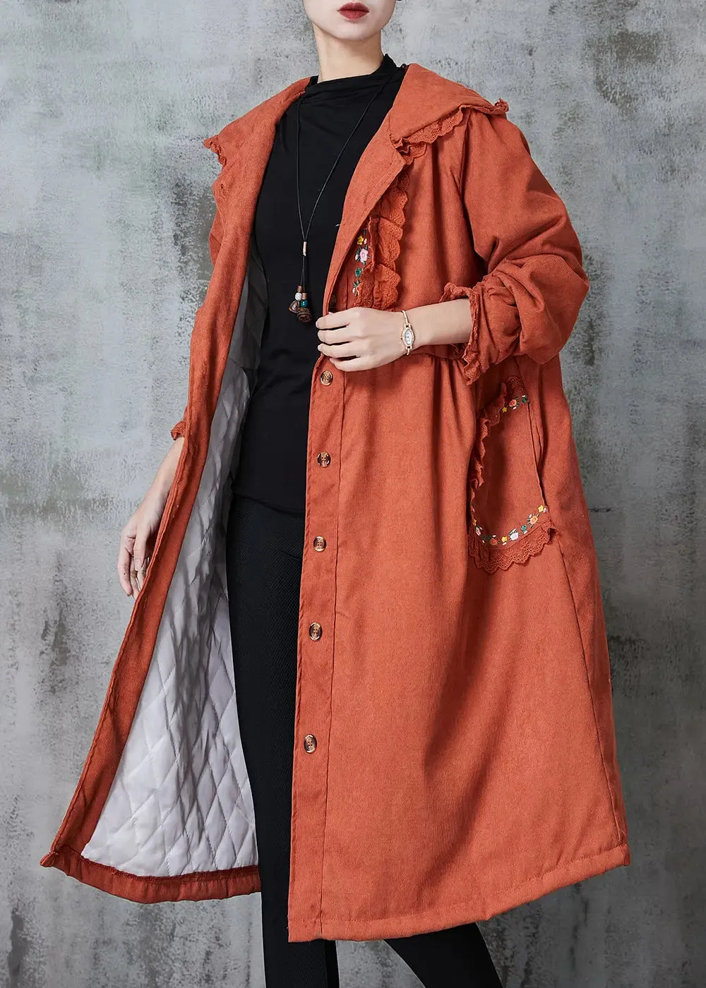 Unique Orange Embroidered Patchwork Lace Fine Cotton Filled Trench Spring JK1031