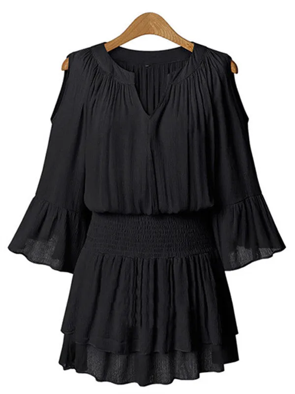 V-neck Elbow sleeve Waist Loose Chiffon Dress