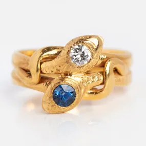 Vintage 14k Victorian Style Sapphire and Diamond Entwined Snake Ring Size 6.5