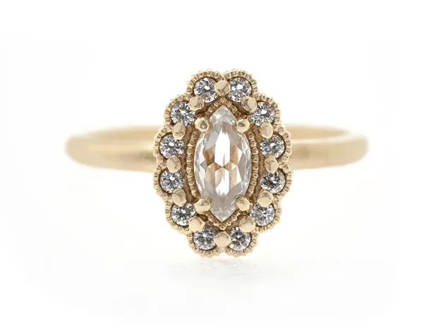 Vintage-Inspired Rose Cut Marquise Diamond Halo Ring