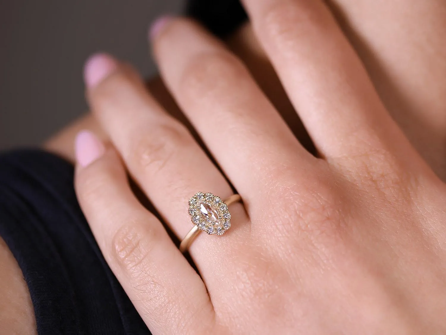 Vintage-Inspired Rose Cut Marquise Diamond Halo Ring