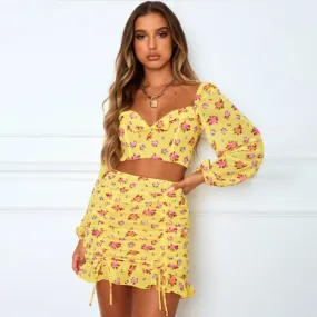 Women Fashion Suit Floral Print Bodycon Clothes Fall Summer Long Sleeve V Neck Shirt Tops Ruched Skirts Ruffle Hem 2PCS Vacation