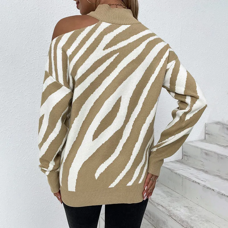 Women Sweaters Kniting High Collar Pullover Bicolor Tiger Off Shoulder Long Sleeve