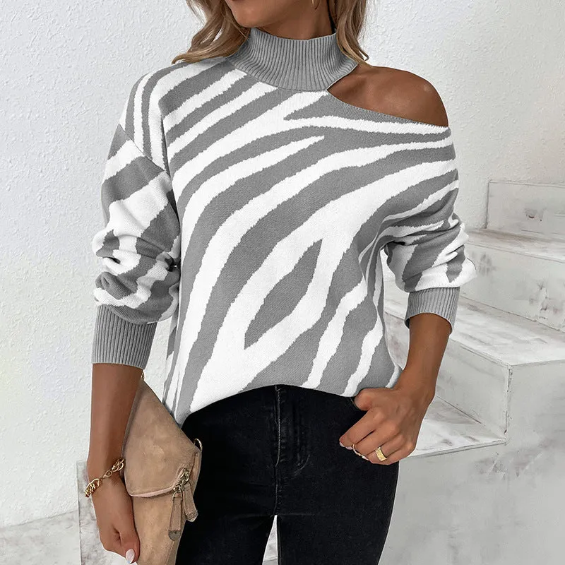 Women Sweaters Kniting High Collar Pullover Bicolor Tiger Off Shoulder Long Sleeve