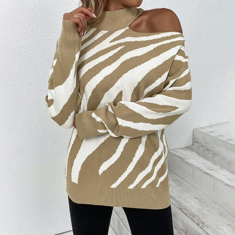 Women Sweaters Kniting High Collar Pullover Bicolor Tiger Off Shoulder Long Sleeve