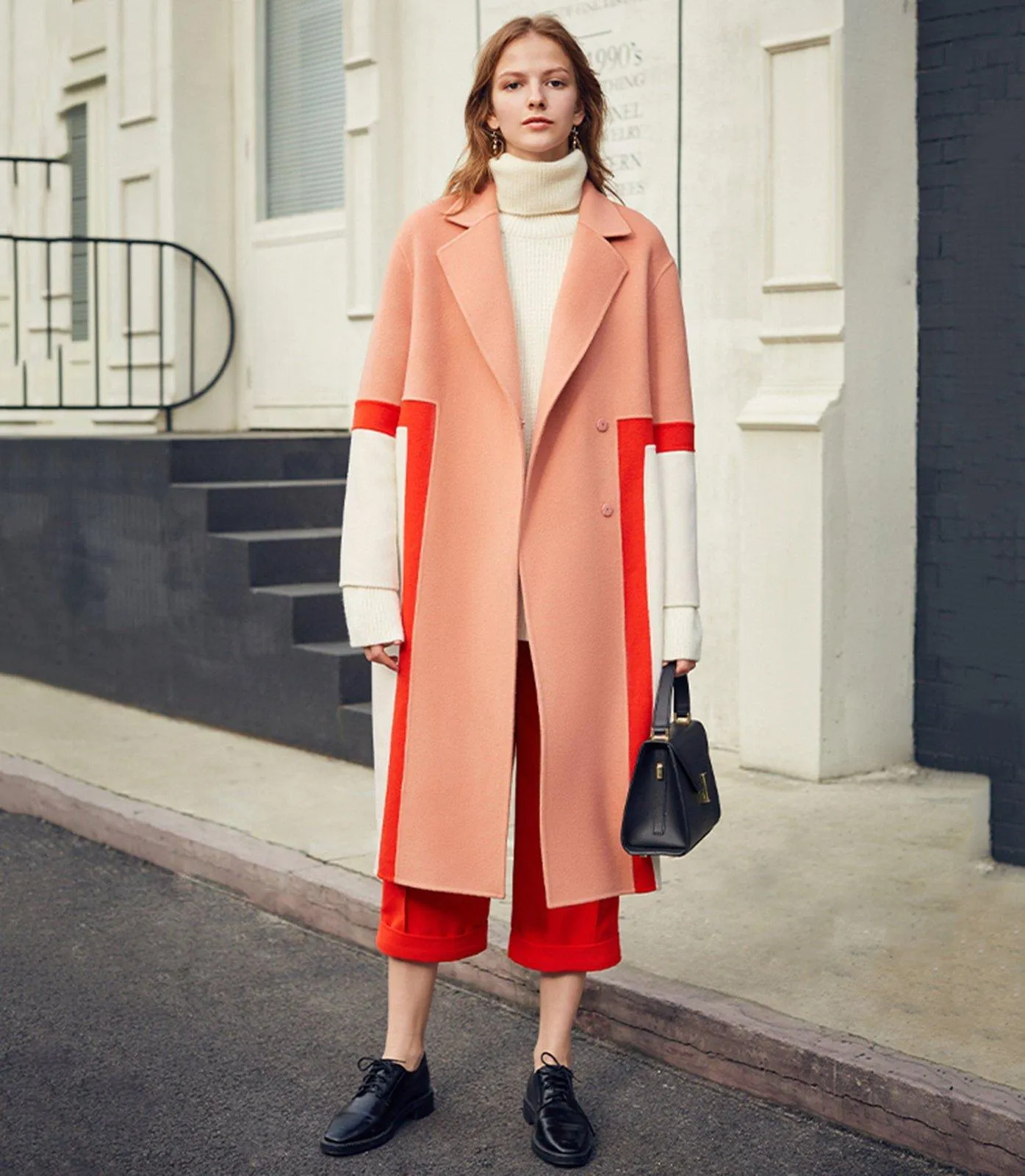 Women Wool Overcoat,85% wool Coat,Stitching contrast Coat,Cascade Collar Double Face Wool Coat,Oversize Wool Wrap Coat,Wool Blend Coat