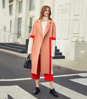 Women Wool Overcoat,85% wool Coat,Stitching contrast Coat,Cascade Collar Double Face Wool Coat,Oversize Wool Wrap Coat,Wool Blend Coat