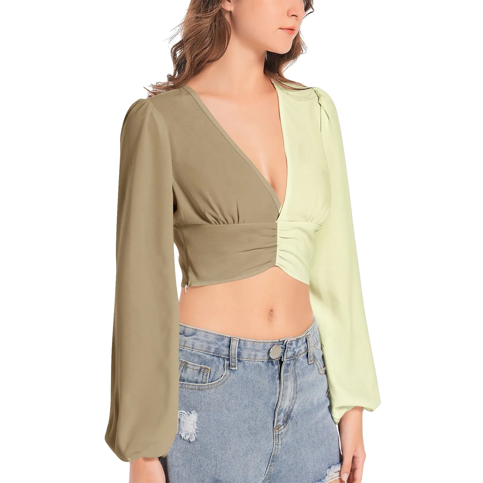 Women's Deep V-Neck Lantern Sleeve Crop Top