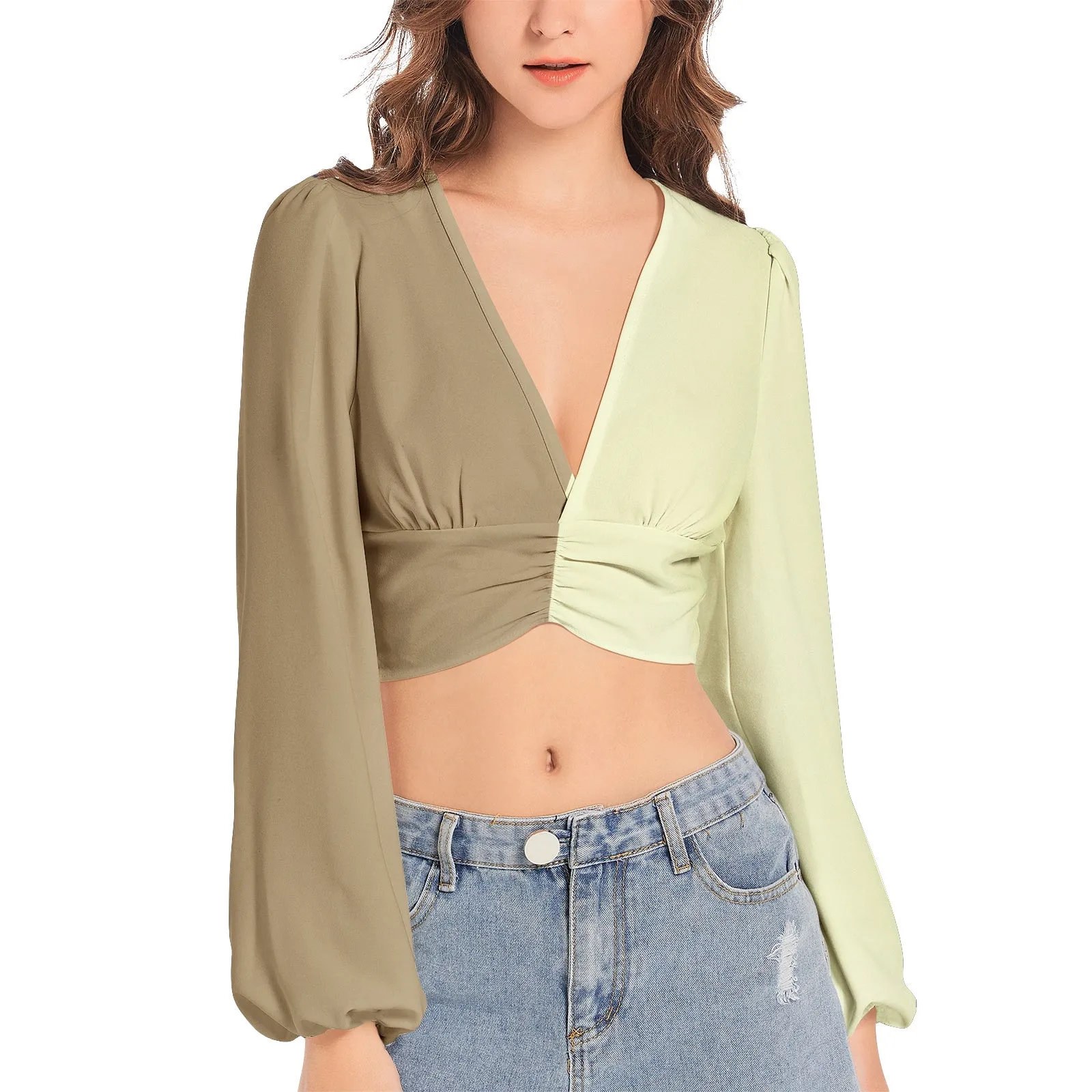 Women's Deep V-Neck Lantern Sleeve Crop Top