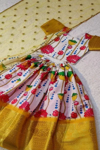 Yellow & White Zari Silk Kids Lehenga Choli Set