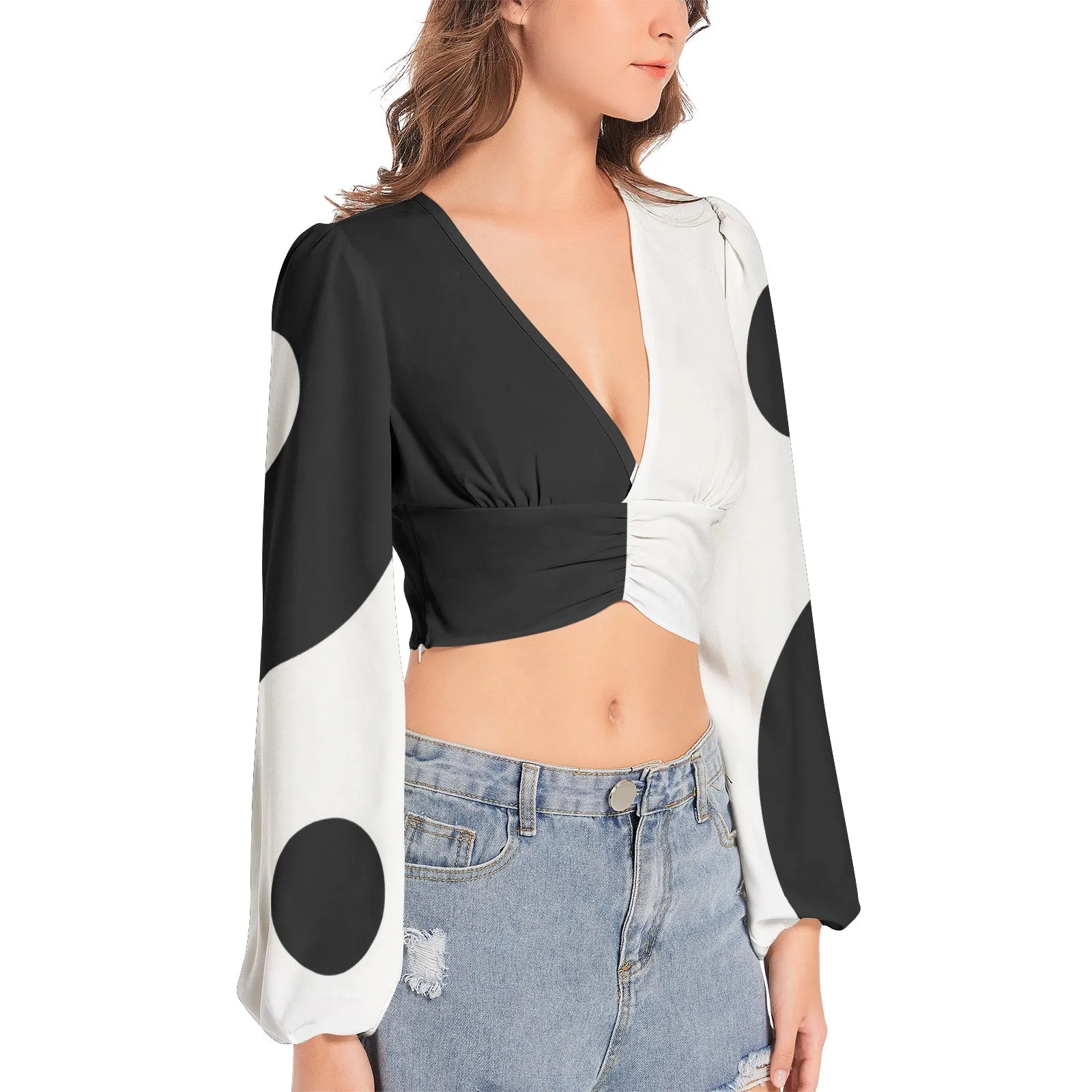 Yin and Yang Women's Deep V-Neck Lantern Sleeve Crop Top