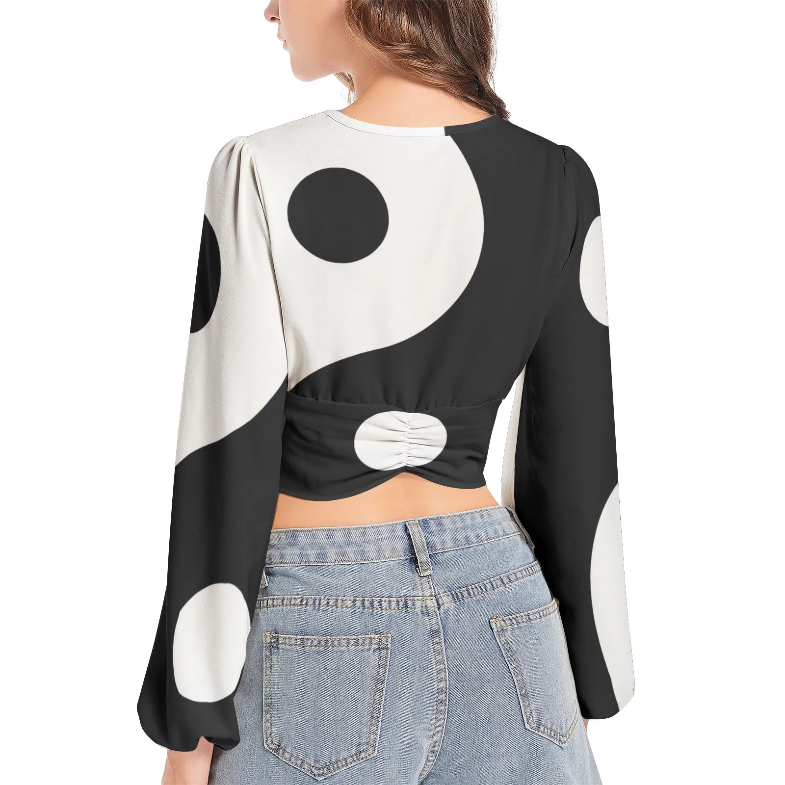 Yin and Yang Women's Deep V-Neck Lantern Sleeve Crop Top