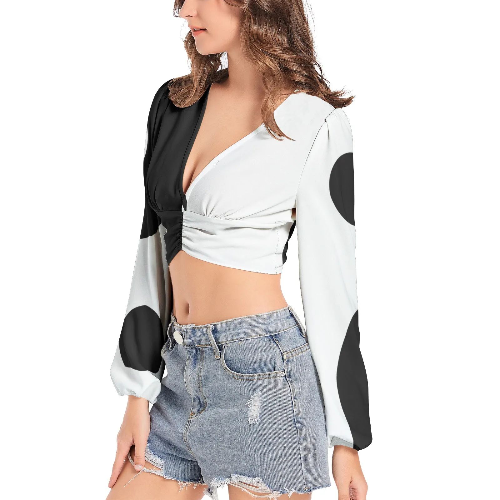 Yin and Yang Women's Deep V-Neck Lantern Sleeve Crop Top