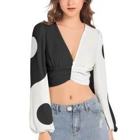 Yin and Yang Women's Deep V-Neck Lantern Sleeve Crop Top